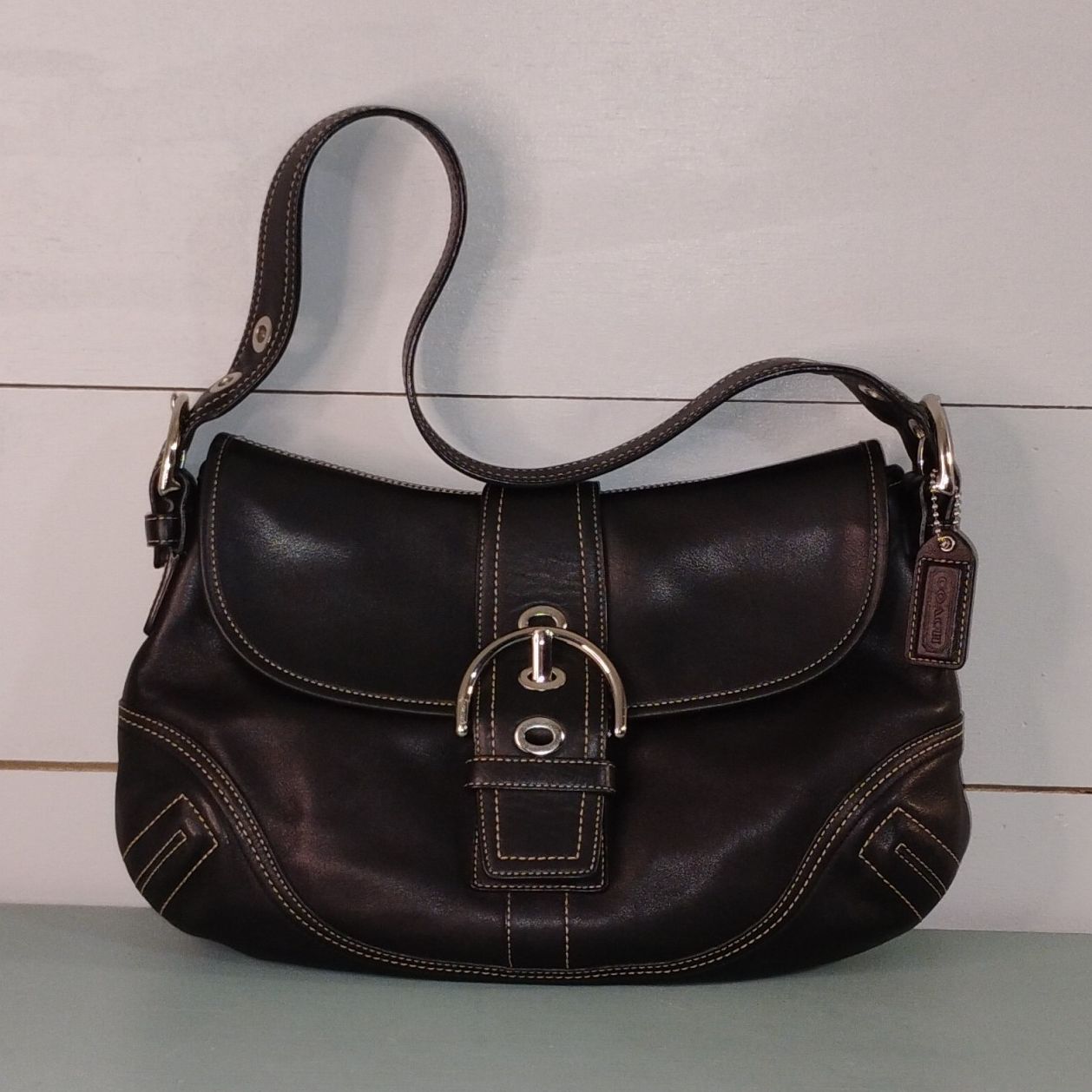 Coach Vintage Black Crescent Shoulder Bag Buckle Closure Silver Hardware